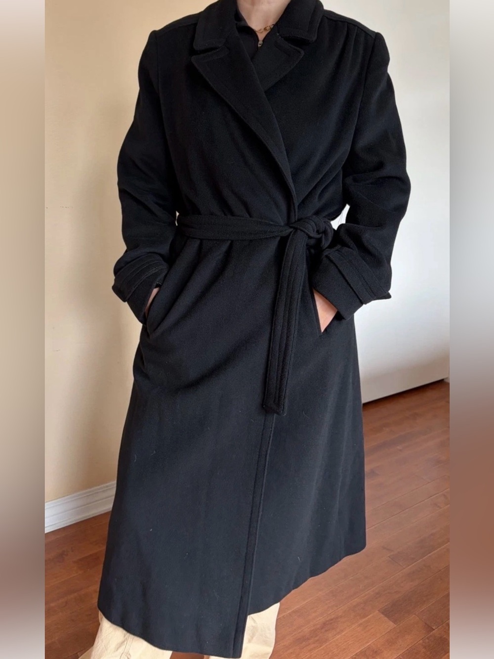 Classic vintage Cashmere long Black Wrap Belted Coat by Joseph Magnin